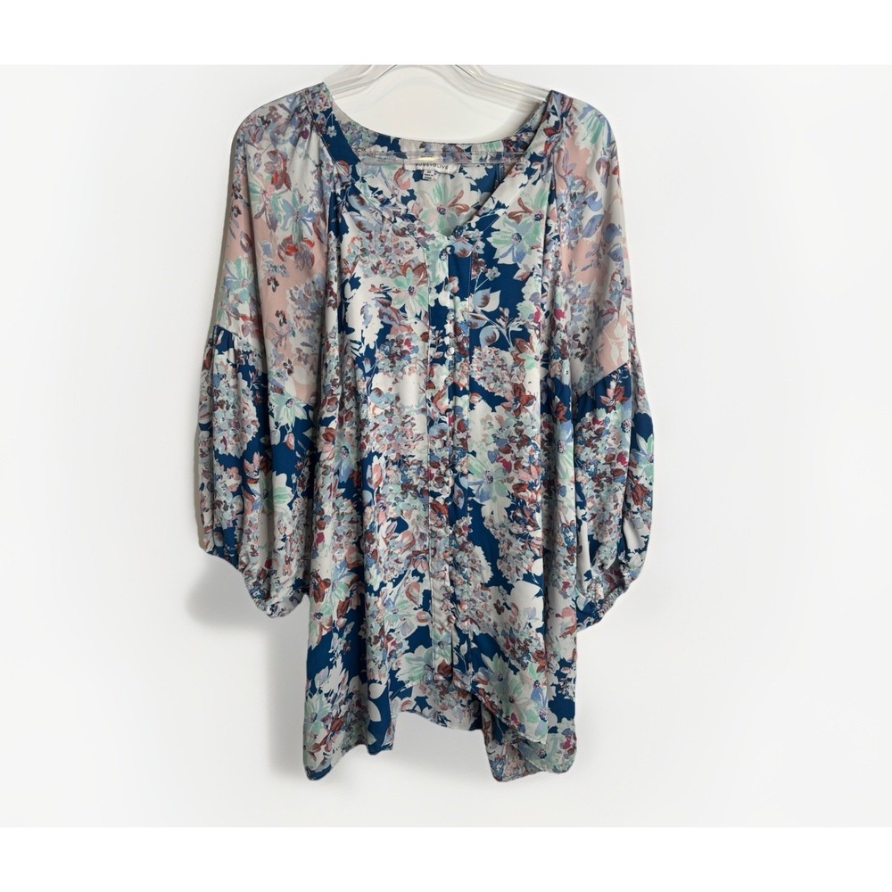 Rose & Olive Top Womens Plus 2X Blue Floral Print 3/4 Balloon Sleeves Casual